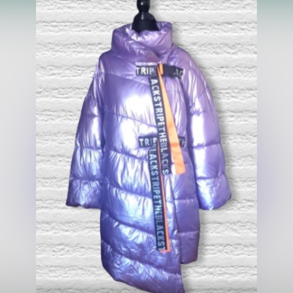 NWT FLY Luxury Metallic Lilac Long Puffer Jacket with Logo Straps Black Orange